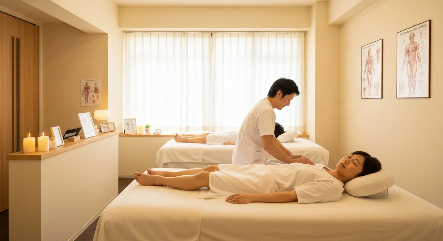 Wide-angle interior photo of the clinic showing equipment being arranged beside the treatment bed while an explanation is given