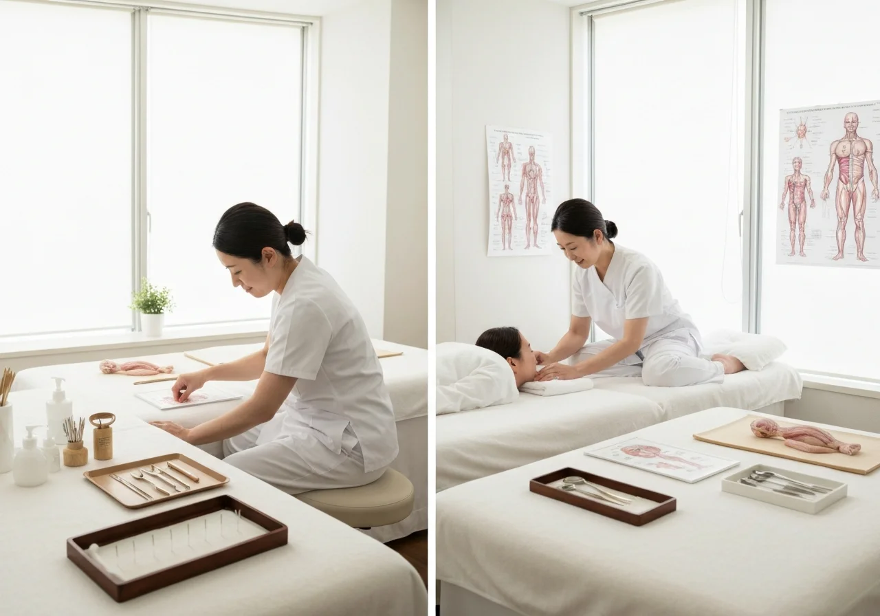A photo of acupuncture tools and a preparation tray placed beside a clean treatment table