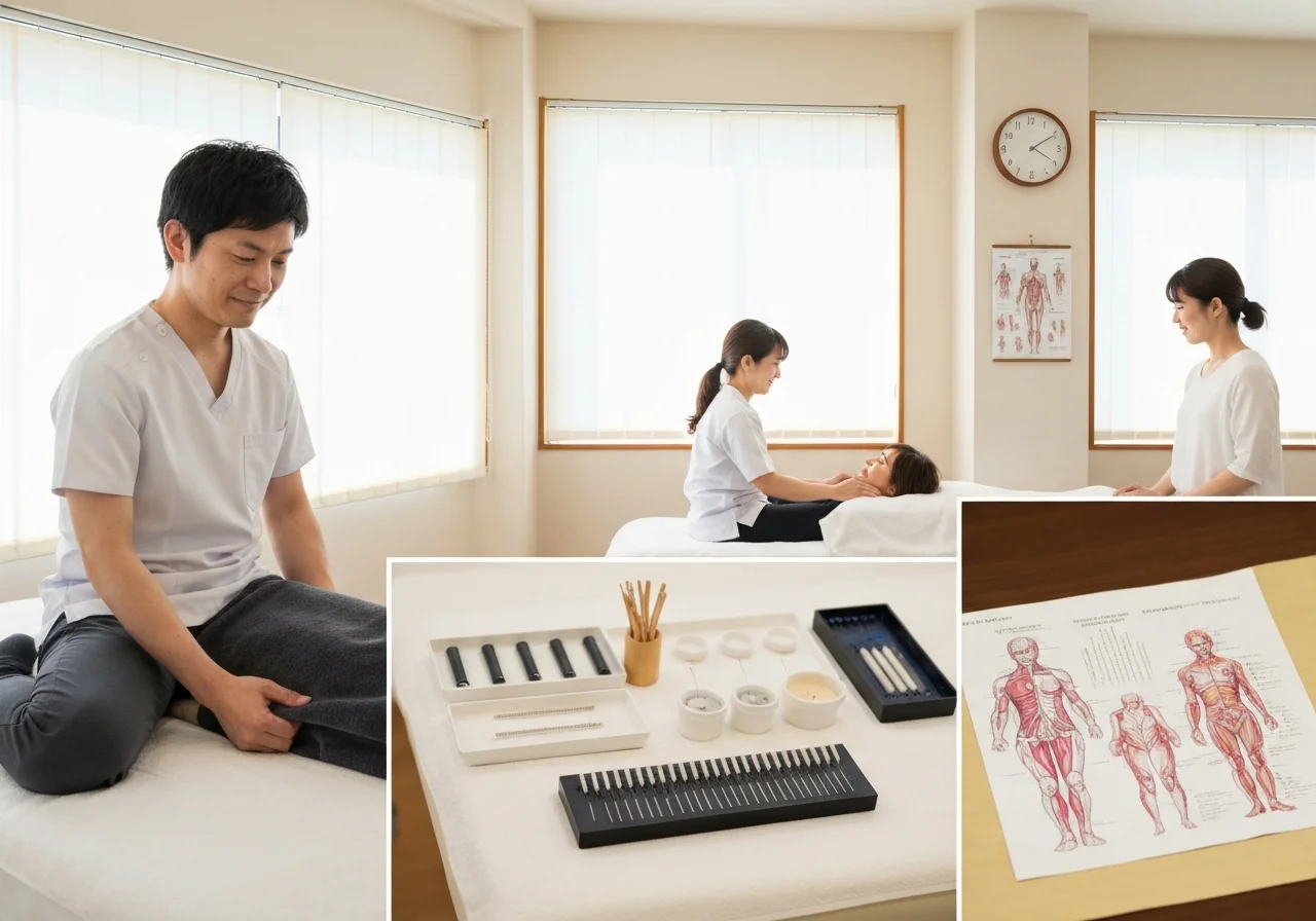 Close-up of treatment preparation, with acupuncture and moxibustion tools neatly and hygienically arranged