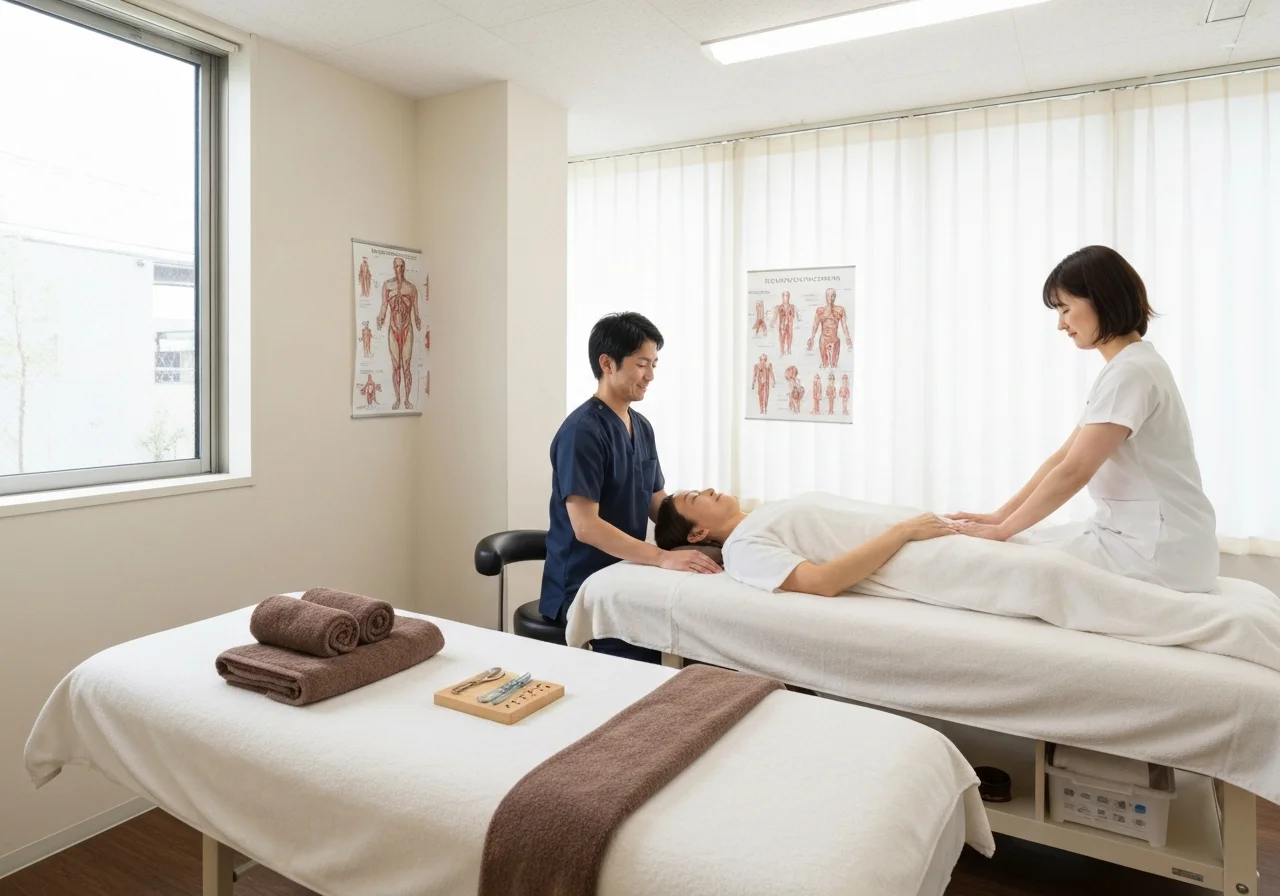 An interior photo around the bed showing treatment preparation for the neck and shoulders