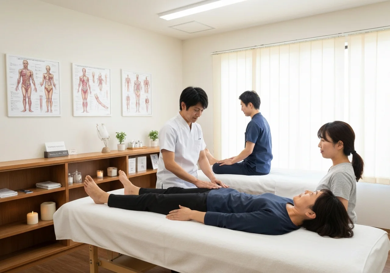 Treatment room scene explaining the hands-on technique while checking posture and neck and shoulder movement